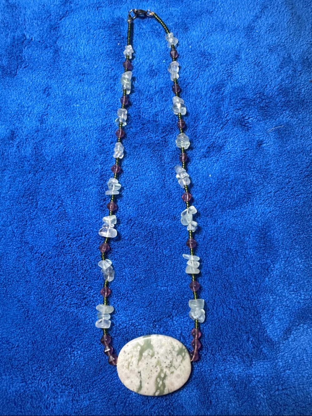 Handcrafted Green Jasper or Moss Agate Oval Pendant Necklace with chip gemstones